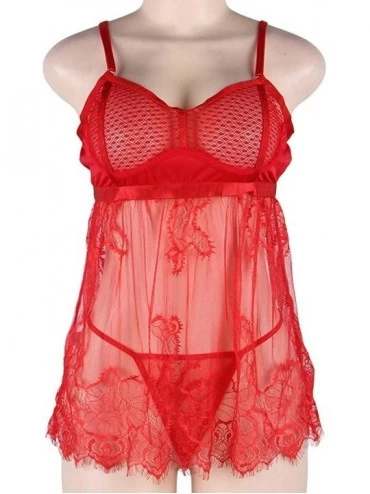Baby Dolls & Chemises Sexy Mesh Nightdress-Plus Size Women Black Lace Lingerie Sleepwear Babydoll Chemise - Red - CR18YQ6XT25...