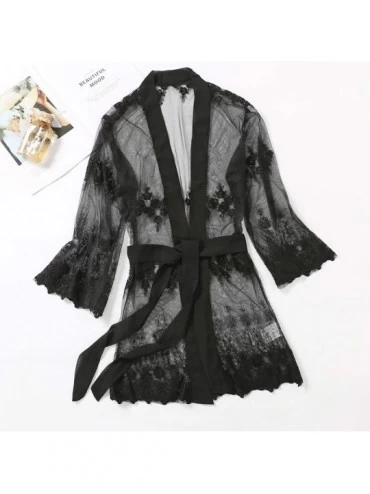 Tops Oil-LIKIO Women's Long Sleeve Robe Silk Sexy Casual Soft Lace Nightwear Pajamas Sleepwear - C219736XCXD $14.12