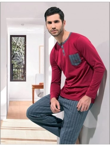 Sleep Sets NBB Men's 2 Piece Comfortable Holiday Jersey Cotton Knit Lounge Sleep Long Sleeve Pajama Set - Red 2 - CK12NDSNJMT...