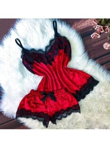 Garters & Garter Belts New Women Sexy Lingerie Camisole Bow Shorts V-Neck Tops Velvet Pajamas Sleepwear - Red - C3194KDR06T $...