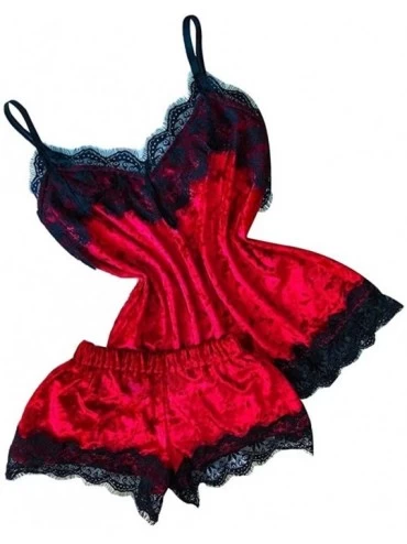 Garters & Garter Belts New Women Sexy Lingerie Camisole Bow Shorts V-Neck Tops Velvet Pajamas Sleepwear - Red - C3194KDR06T $...