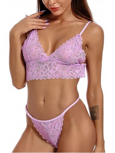 Garters & Garter Belts New Women Bra Sexy Lingerie Perspective with Lace Out Sling Underwear Set - Purple - CC19COADXZ2 $18.28