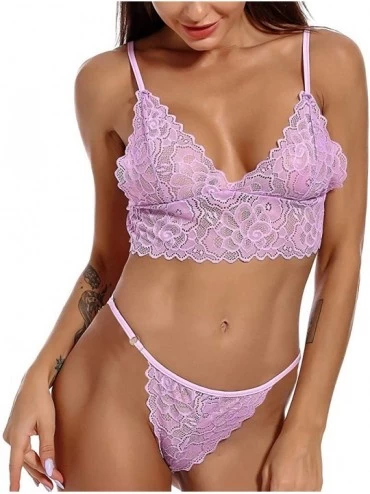 Garters & Garter Belts New Women Bra Sexy Lingerie Perspective with Lace Out Sling Underwear Set - Purple - CC19COADXZ2 $18.28