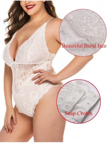 Baby Dolls & Chemises Plus Size Lingerie for Women Lace Teddy Lingerie Bodysuit One Piece Babydoll - Snap Crotch Bodysuit-whi...