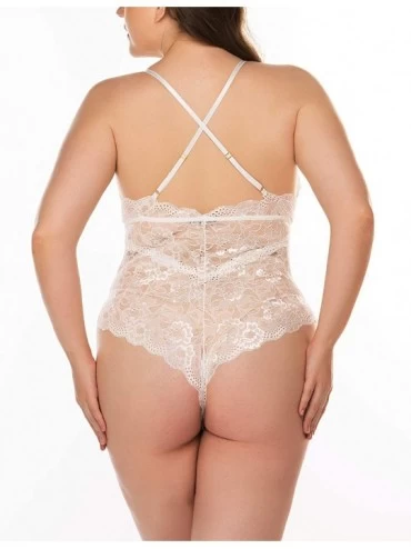 Baby Dolls & Chemises Plus Size Lingerie for Women Lace Teddy Lingerie Bodysuit One Piece Babydoll - Snap Crotch Bodysuit-whi...