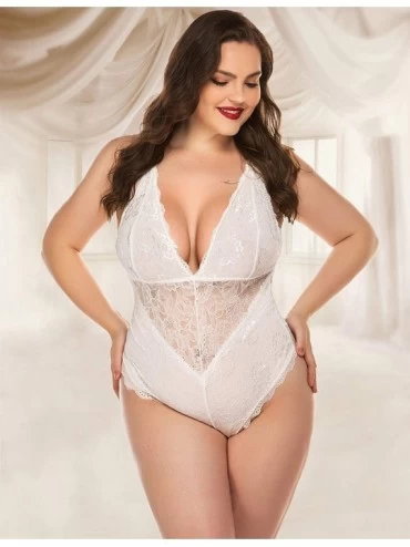 Baby Dolls & Chemises Plus Size Lingerie for Women Lace Teddy Lingerie Bodysuit One Piece Babydoll - Snap Crotch Bodysuit-whi...