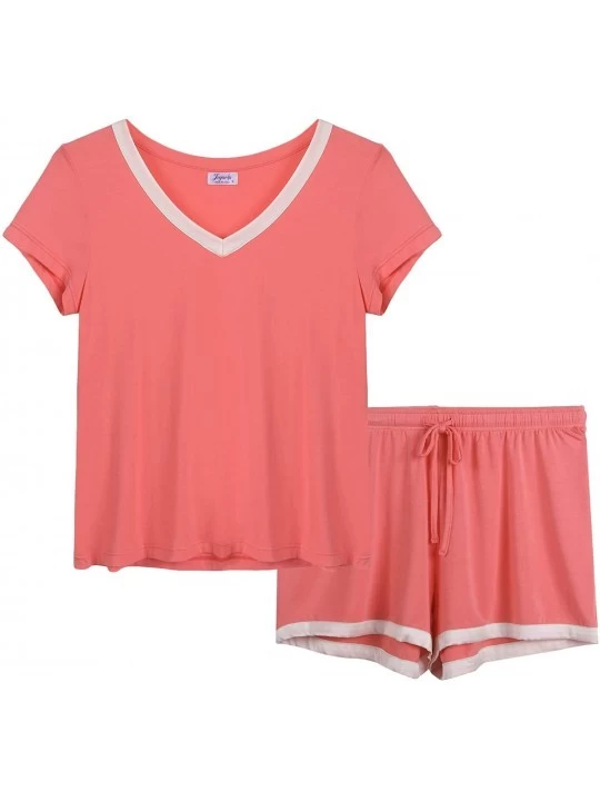 Sets Women's Bamboo Pajama/Pj/Sleep Set - Short Sleeve/V Neck/Satin Trim - Coral - CD190R6G6C2 $28.60