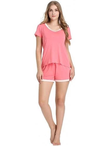 Sets Women's Bamboo Pajama/Pj/Sleep Set - Short Sleeve/V Neck/Satin Trim - Coral - CD190R6G6C2 $28.60