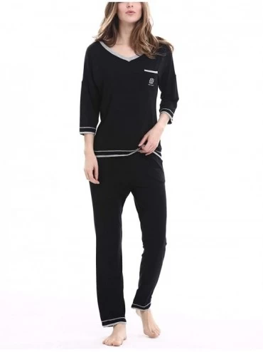 Sets Women's V-Neck Knit Sleepwear 3/4 Sleeves Top with Pants Soft Pajama Set - A-black - CC17YIXTGH4 $39.43