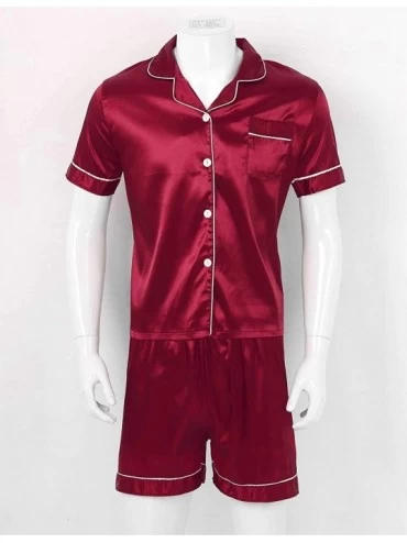 Sleep Sets Men's Silky Satin Pajamas Set Button Down Sleepwear Sleep Lounge Shorts Pants Shirt Nightwear - Burgundy - CF199N4...