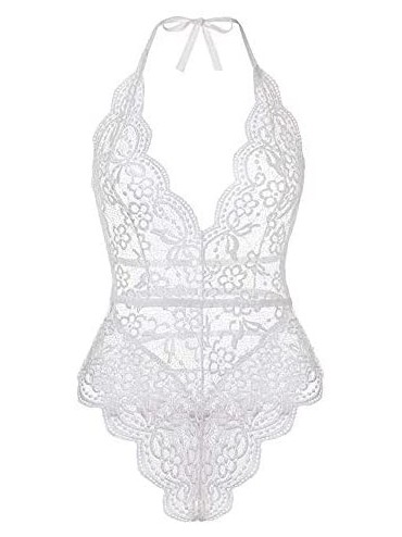 Women Deep V Lace Teddy Bodysuit One Piece Lingerie Open Back Halter ...