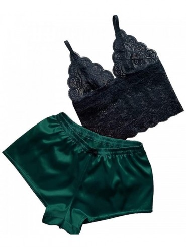 Sets Women Satin Lace V-Neck Camisole Bowknot Shorts Set Sleepwear Pajamas Lingerie - Green - CB195374TTC $12.83