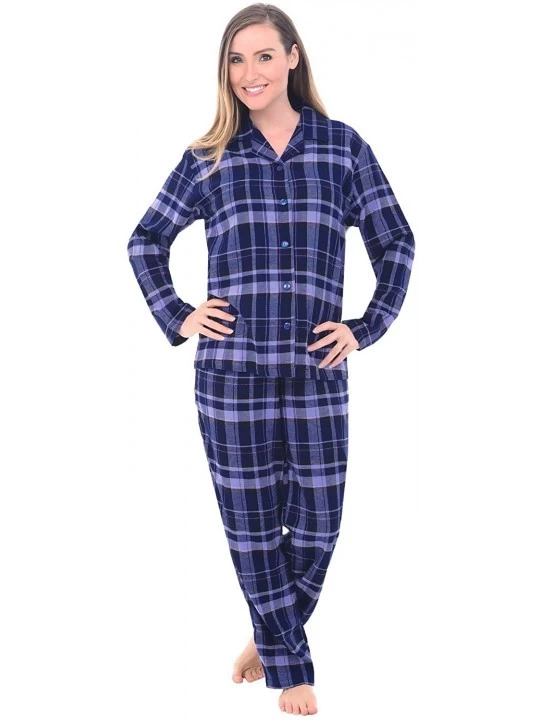 Sets Women's Warm Flannel Pajama Set- Long Button Down Cotton Pjs - Blue Plaid - CQ12ED9A5RR $23.23