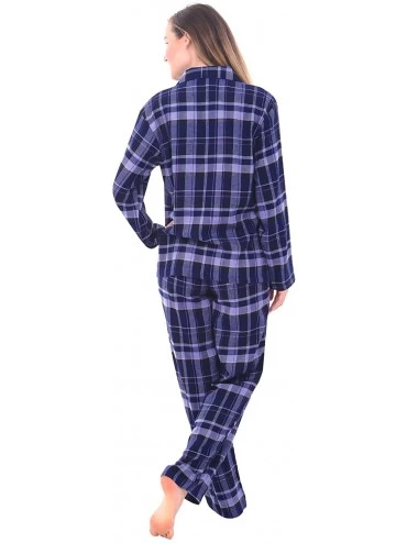 Sets Women's Warm Flannel Pajama Set- Long Button Down Cotton Pjs - Blue Plaid - CQ12ED9A5RR $23.23