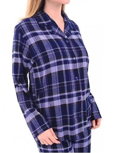 Sets Women's Warm Flannel Pajama Set- Long Button Down Cotton Pjs - Blue Plaid - CQ12ED9A5RR $23.23