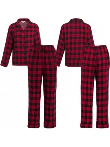 Sets Women's Warm Flannel Pajama Set- Long Button Down Cotton Pjs - Blue Plaid - CQ12ED9A5RR $23.23