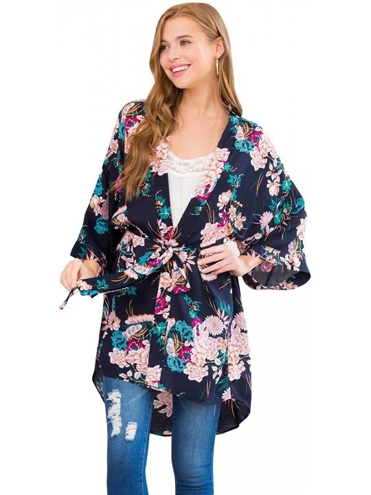 Robes Bridesmaid Kimono Wrap Belted Robe - Floral Print Sleepwear Wedding Cardigan - Oriental Flower - Navy - CR18UXK9WDG $12.46