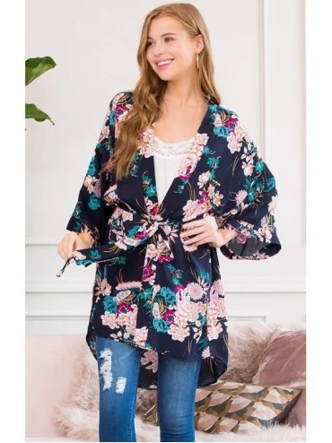 Robes Bridesmaid Kimono Wrap Belted Robe - Floral Print Sleepwear Wedding Cardigan - Oriental Flower - Navy - CR18UXK9WDG $12.46