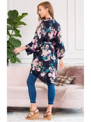 Robes Bridesmaid Kimono Wrap Belted Robe - Floral Print Sleepwear Wedding Cardigan - Oriental Flower - Navy - CR18UXK9WDG $12.46