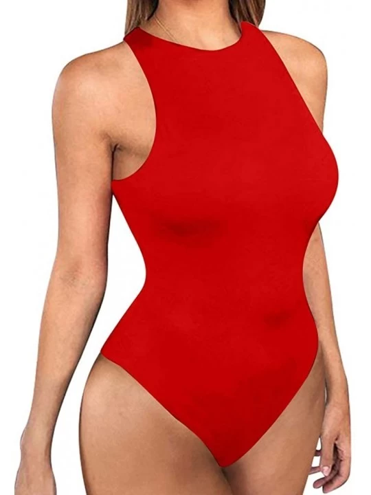 Shapewear Women's Sexy High Neck Sleeveless Bodysuit Basic Top Bodysuit Jumpsuit - Red - C719C6Z049I $17.80