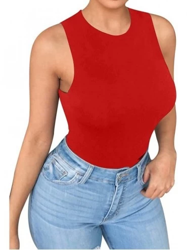 Shapewear Women's Sexy High Neck Sleeveless Bodysuit Basic Top Bodysuit Jumpsuit - Red - C719C6Z049I $17.80