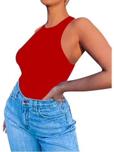 Shapewear Women's Sexy High Neck Sleeveless Bodysuit Basic Top Bodysuit Jumpsuit - Red - C719C6Z049I $17.80