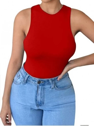 Shapewear Women's Sexy High Neck Sleeveless Bodysuit Basic Top Bodysuit Jumpsuit - Red - C719C6Z049I $17.80