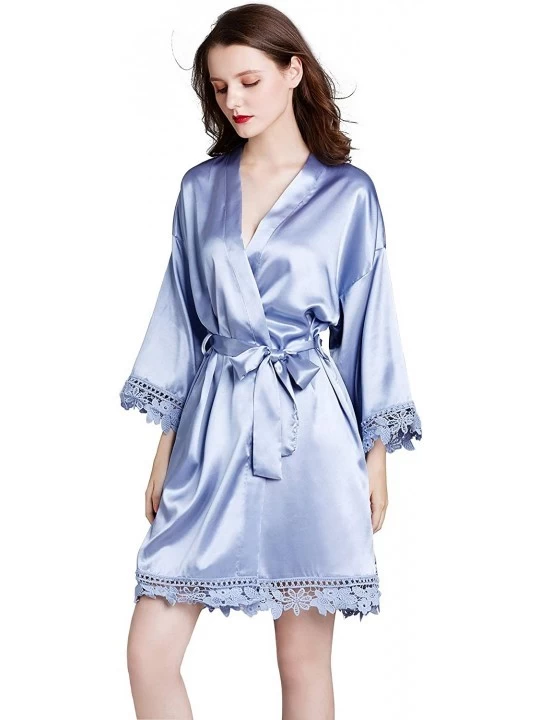 Robes Women's Pure Color Short Satin Robes V-Neck Kimono Bride Bridesmaid Nightgown - Blue - CD190X3IDR4 $26.02