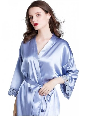 Robes Women's Pure Color Short Satin Robes V-Neck Kimono Bride Bridesmaid Nightgown - Blue - CD190X3IDR4 $26.02