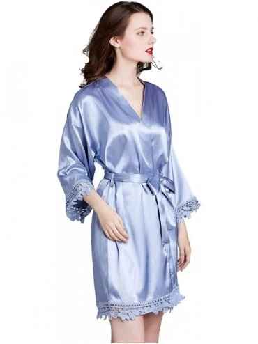 Robes Women's Pure Color Short Satin Robes V-Neck Kimono Bride Bridesmaid Nightgown - Blue - CD190X3IDR4 $26.02