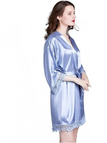 Robes Women's Pure Color Short Satin Robes V-Neck Kimono Bride Bridesmaid Nightgown - Blue - CD190X3IDR4 $26.02