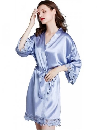 Robes Women's Pure Color Short Satin Robes V-Neck Kimono Bride Bridesmaid Nightgown - Blue - CD190X3IDR4 $26.02