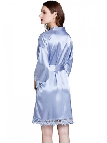 Robes Women's Pure Color Short Satin Robes V-Neck Kimono Bride Bridesmaid Nightgown - Blue - CD190X3IDR4 $26.02