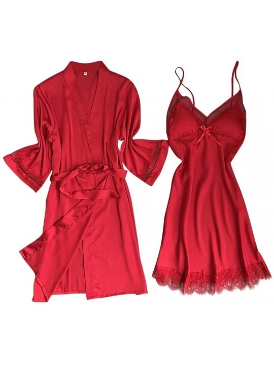 Robes New Satin Silk Pajamas Nightdress Women Robes Underwear Sleepwear Lingerie - Red - CA198ULT3KM $20.51