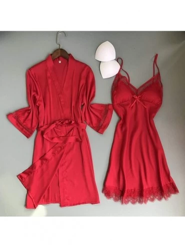 Robes New Satin Silk Pajamas Nightdress Women Robes Underwear Sleepwear Lingerie - Red - CA198ULT3KM $20.51