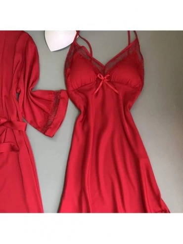 Robes New Satin Silk Pajamas Nightdress Women Robes Underwear Sleepwear Lingerie - Red - CA198ULT3KM $20.51