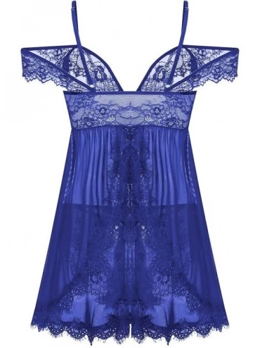 Baby Dolls & Chemises Womens Off Shoulder Eyelash Lace Babydoll Lingerie Halter Chemise Sleepwear Bodysuit - Blue - CE18WDYGC...