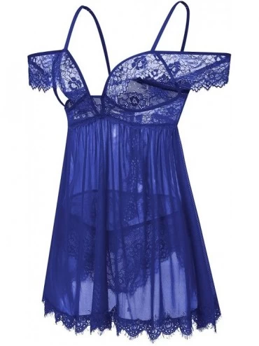 Baby Dolls & Chemises Womens Off Shoulder Eyelash Lace Babydoll Lingerie Halter Chemise Sleepwear Bodysuit - Blue - CE18WDYGC...