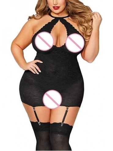 Baby Dolls & Chemises Womens Plus Size Lingerie-Sexy Lace Babydoll Sexy V Neck Sleepwear - Black - C918S2A4EHX $11.17