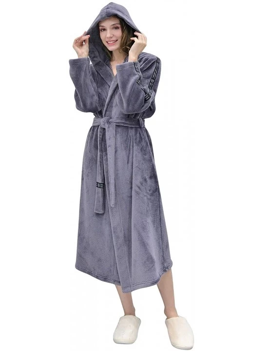 Robes Hooded Robes Plush Bathrobe Warm Fleece Sleepwear Robe - Gray - C618Y650AM0 $39.64