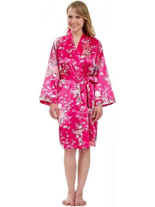 Robes Women's Robe- Vintage Satin Floral Robe 36" - Fuchsia - CQ11AZTLIHL $34.66