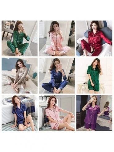 Sets Womens Silk Satin Set Long Sleeve Sleepwear Suit Female Sleep 2 pcs/Set Loungewear - Lg Pink - CG192R4LXYW $33.14