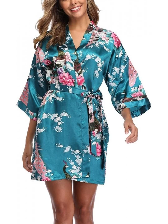 Robes Women's Short Floral Kimono Robe Peacock and Blossom Bathrobe for Wedding Party - Peacock - C318LH3HGA5 $9.74