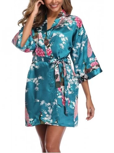 Robes Women's Short Floral Kimono Robe Peacock and Blossom Bathrobe for Wedding Party - Peacock - C318LH3HGA5 $9.74