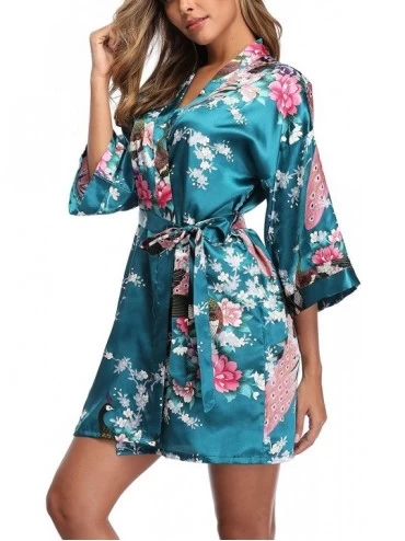 Robes Women's Short Floral Kimono Robe Peacock and Blossom Bathrobe for Wedding Party - Peacock - C318LH3HGA5 $9.74