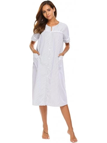 Nightgowns & Sleepshirts Women's Striped Sleepwear Button Down Duster Short Sleeve House Dress Nightgown - Navy - C118C6254TK...