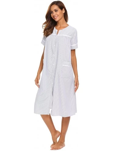 Nightgowns & Sleepshirts Women's Striped Sleepwear Button Down Duster Short Sleeve House Dress Nightgown - Navy - C118C6254TK...