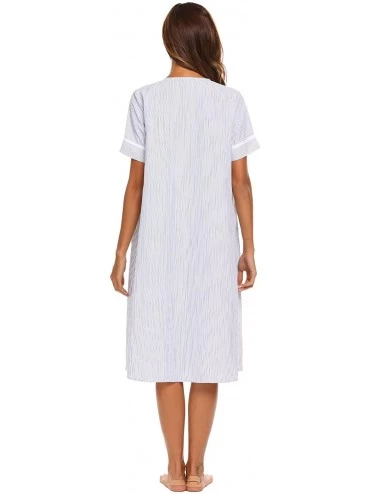 Nightgowns & Sleepshirts Women's Striped Sleepwear Button Down Duster Short Sleeve House Dress Nightgown - Navy - C118C6254TK...