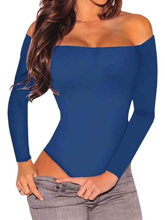 Shapewear Women's Sexy Off Shoulder Long Sleeve Bodycon Bodysuit Leotard Jumpsuit Tops - Blue - CM18KE7KSC2 $15.83