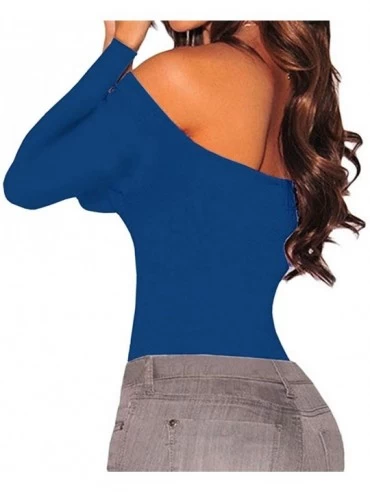 Shapewear Women's Sexy Off Shoulder Long Sleeve Bodycon Bodysuit Leotard Jumpsuit Tops - Blue - CM18KE7KSC2 $15.83